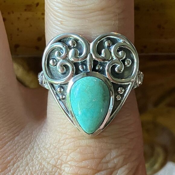 Natural Royston Turquoise Sterling Silver Heart Ring Size 9 - Picture 1 of 8